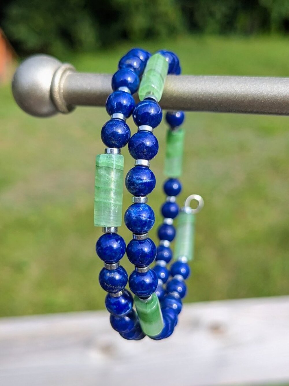 Lapis Lazuli, Green Stone, Silver Hematite Bracelet